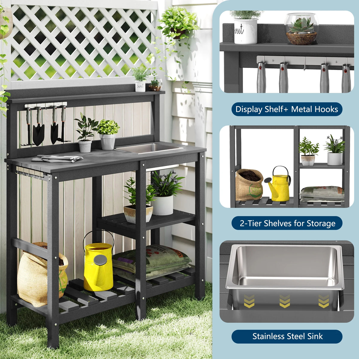 FOOWIN HDPE Outdoor Potting Table, Garden Potting Bench Table with Sink, Gray