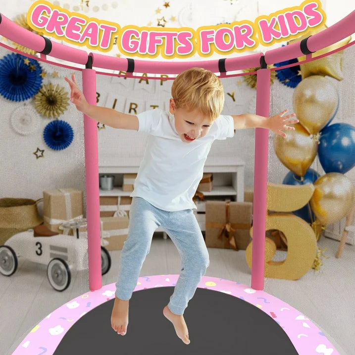SHINPT 60 Toddler Trampoline Indoor, Mini Trampoline for Kids, Small Trampoline with Basketball Hoop and Swing,Baby Trampoline with Net, Kid Trampoline with Adjustable Gymnastics Bar