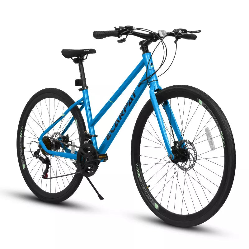 BestParts 700C Road Bike, 21-Speed Urban Commuter Bicycle, Lightweight Steel Frame with Disc Brakes, Wide Tires, for Men & Women, Black+Blue