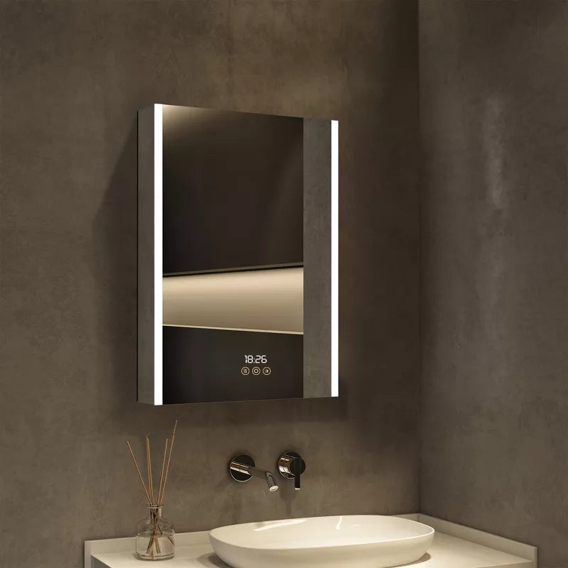 HBEZON LED Medicine Cabinet with Mirrors and Lights, Recess/Wall Mount Bathroom Cabinet, 3 Mode Light, Dimmable, Anti Fog, Time  Temp, Outlet, Silver