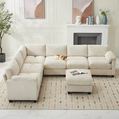 Hyleory 115  Corduroy Oversized Modular Sectional Sofa, U Shaped Couch with Movable Ottoman, Large 7 Seater Corner Sofa for Living Room