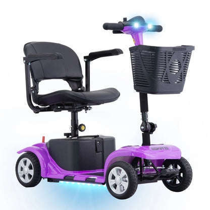 4 Wheels Mobility Scooter for Adults, Senior Electric Powered Chargeable Device for Travel, Lightweight and Portable, with LED Headlights and Basket, Charger Included (Purple)