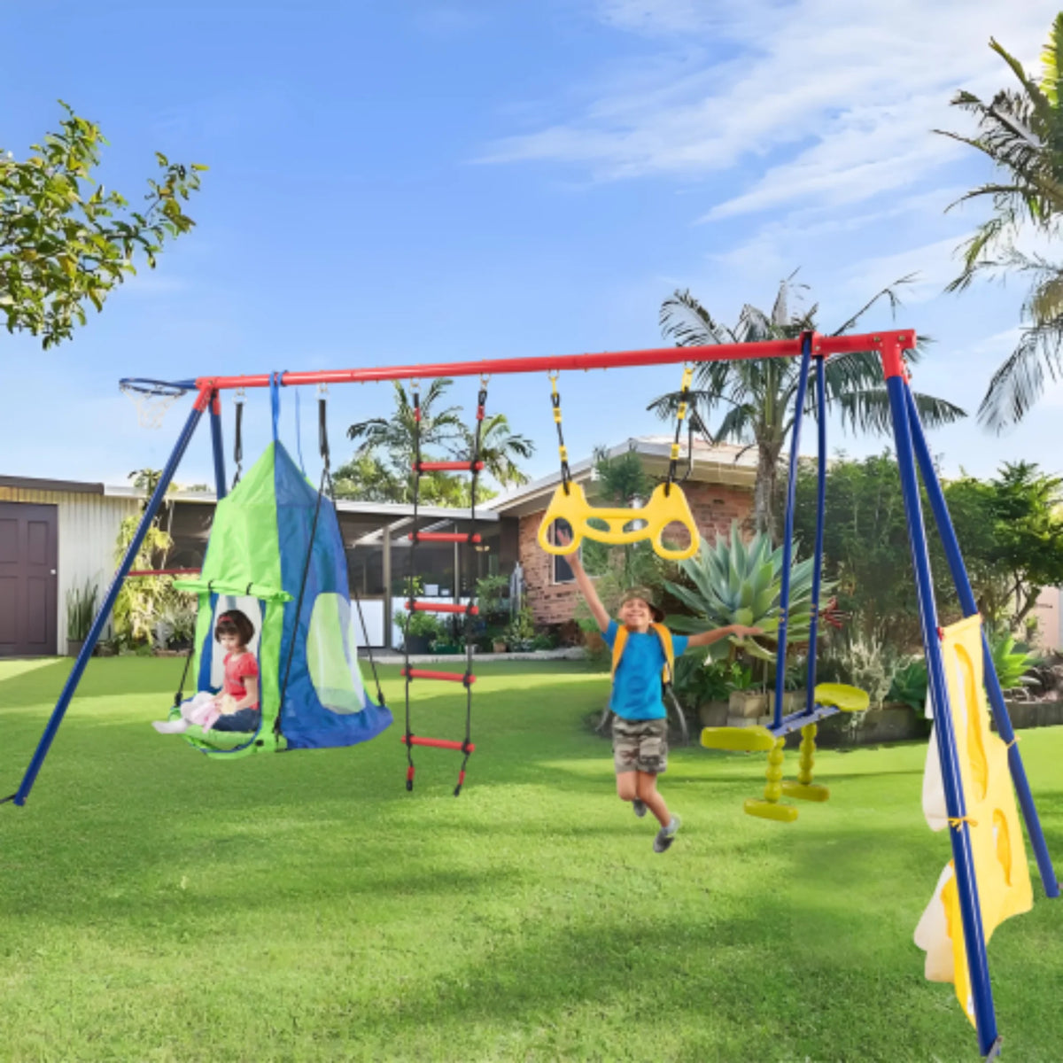 Yardmaster 6 in 1 Kids Swing Sets, Rainbow Colour Kids Swing Set with Padded Saucer and Climbing Ladder, Playground Sets for Backyards with Basketball Hoop, Soccer Net and Two Facing Swings