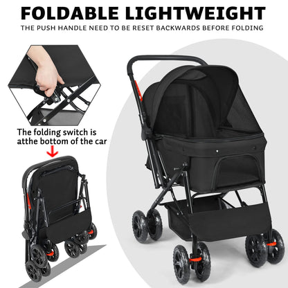 Wedyvko Pet Strollers with Reversible Handle for Small Medium Dogs with Mesh Windows, Removable Liner (Black)