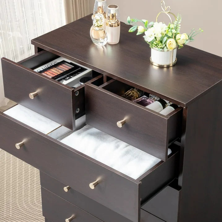 IMKHK 6 Drawer Double Dresser, Wood Wide Chest Of Drawers, Modern Storage Cabinet Dresser Organizer Unit with Matt Gold Handle, Nightstand Storage Tower for Living Room, Bedroom and Hallway, Brown