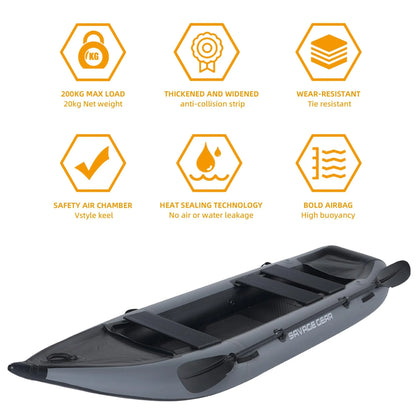 2 Person Inflatable Kayak, Fishing PVC Kayak Boat, Inflatable Boat Rescue Rubber Rowing Boat with Pump, Aluminum Alloy Seat, Paddle, Inflatable Mat, Repair Kit, Fin 440lb Weight Capacity