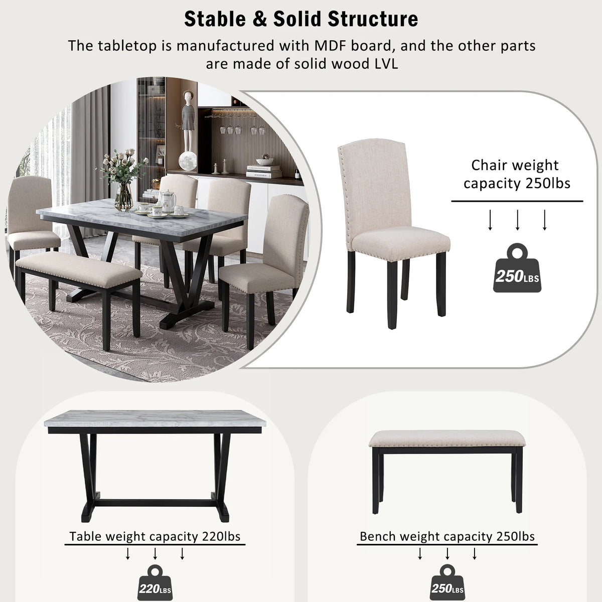 EUROCO 60" 6-Piece Dining Table Set,Dining Room Set with Marbled Tabletop,V-shaped Table Legs,Bench and 4 Cushioned Chairs,Solid Wood Rectangular Table and Chair Set, Kitchen Table Set
