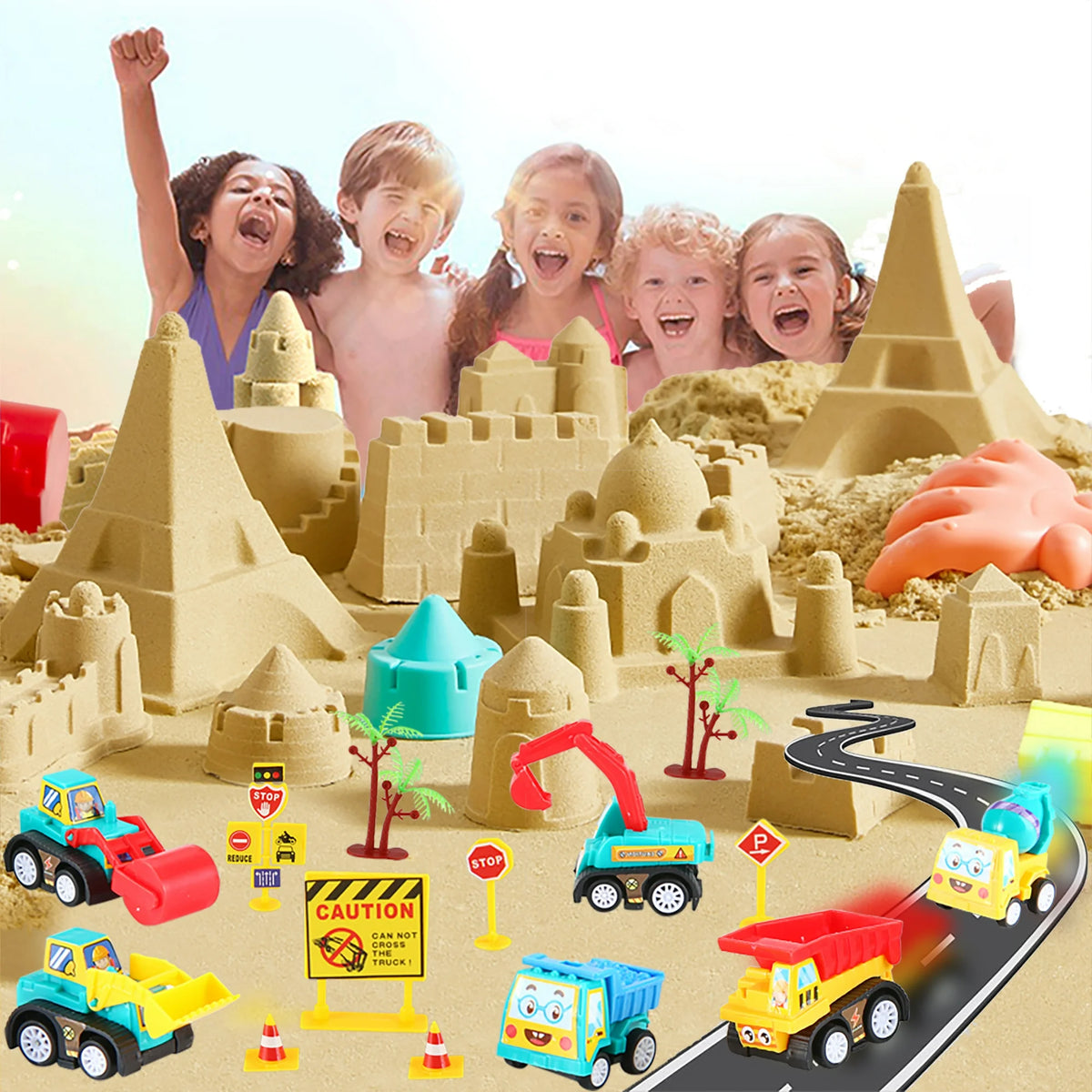 CROSOFMI Play Construction Sand Kit - Foldable Sandbox with 2lbs Sand, 6 Mini Trucks, 10 Road Signs and Modeling Tools - Perfect Gift for Kids Ages 3+