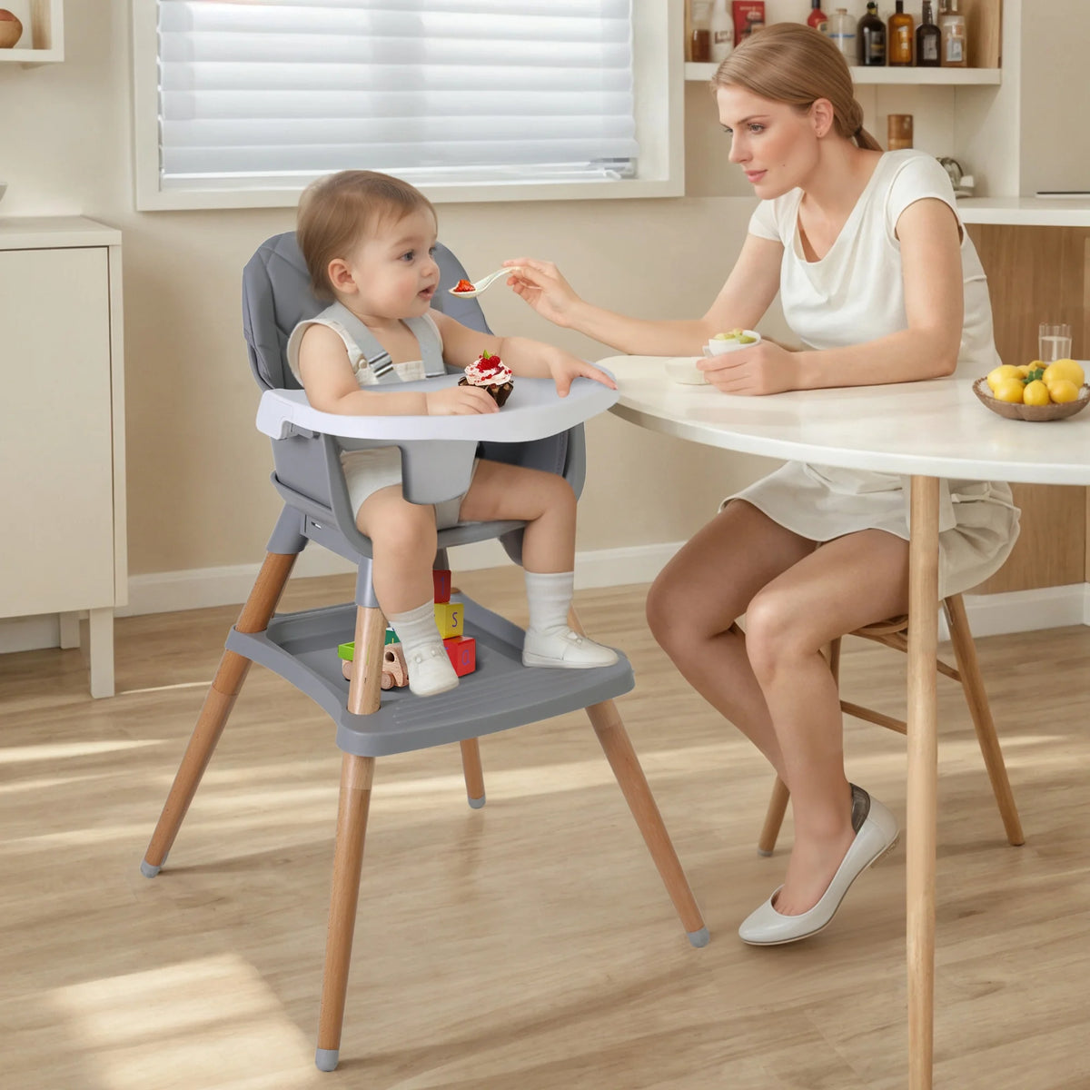 AILEEKISS 7 in 1 Wooden Baby High Chair forToddler, Infant Feeding Chair with Removable Tray