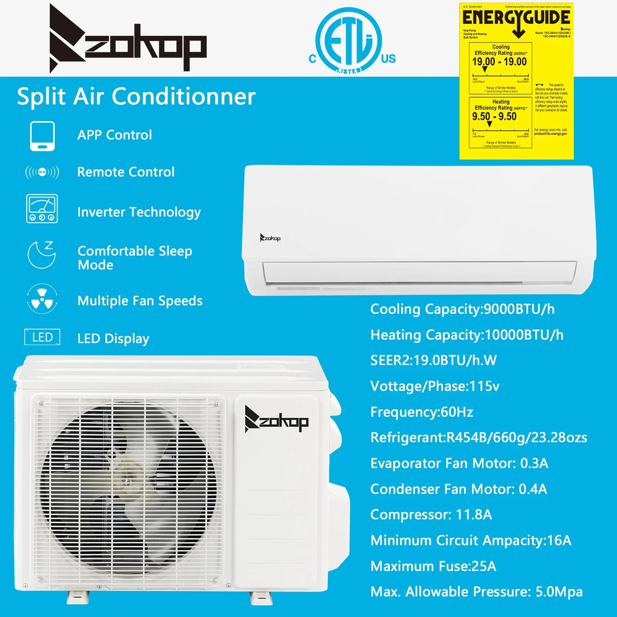 Ktaxon 9000 BTU Wifi Enabled 19 Seer Mini Split Air Conditioner & Heater AC 115V