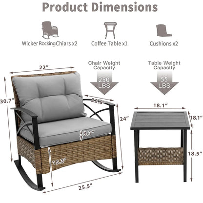 3 PCS Rocking Bistro Set, Outdoor Patio Porch Furniture Sectional Chairs with Tea Table, PE Rattan Patio Furniture Conversation Set for Lawn Pool Courtyard Garden Balcony