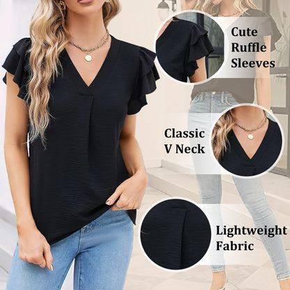 VDJ Womens Blouses Short Sleeve V Neck Shirts Business Casual Drak Blue Tunic Tops Trendy Tshirts Clothing Size L
