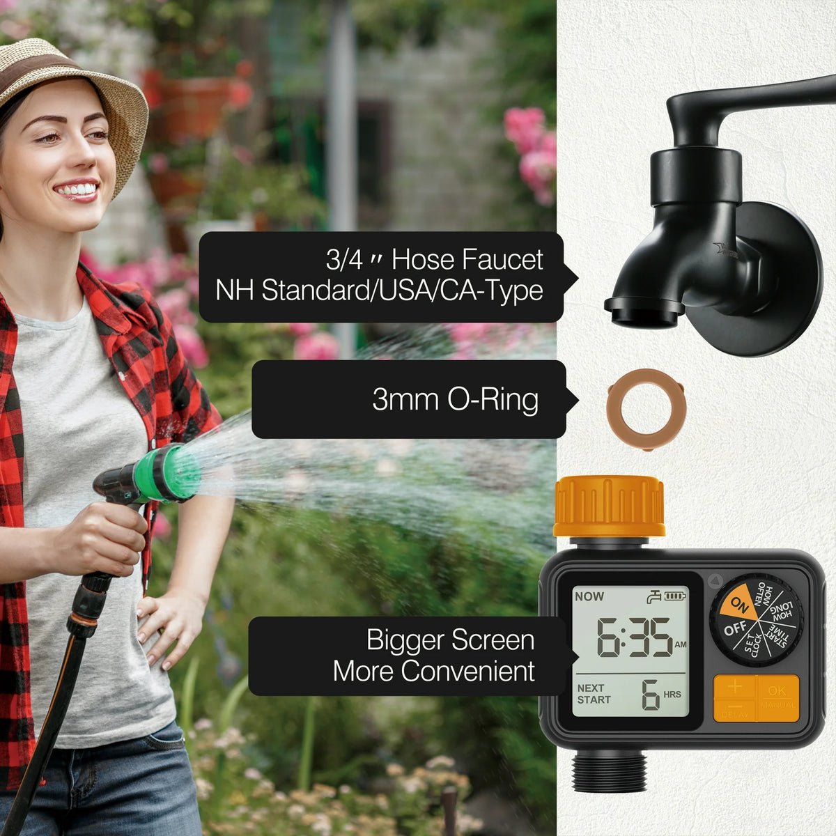 Kazeila Hose Water Timer, 1 Outlet Automatic Watering Timer for Gardens, Sprinkler Timer with Rain Delay / Child Lock /IP65 Waterproof, Large LCD Screen Irrigation Systems for Garden