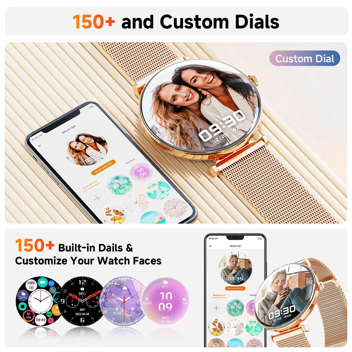 【AMOLED】Mingdaln Smart Watches for Women, for Android and Iphone Devices, IP68 Waterproof, 100 Sport Modes, 1.43-inch Fitness Tracker, with Answer/Make Calls, Gold