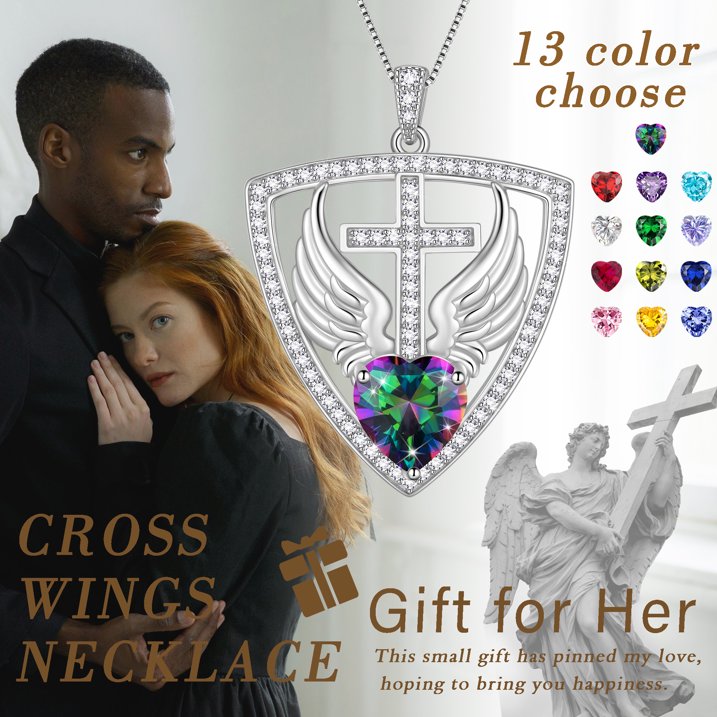 Beautlace 925 Sterling Silver Cross Shield Necklace with Wings and Heart December Tanzanite Birthstone Pendant Necklace Faith and Guardian Jewelry Birthday Christmas Valentines Gifts for Women Mom