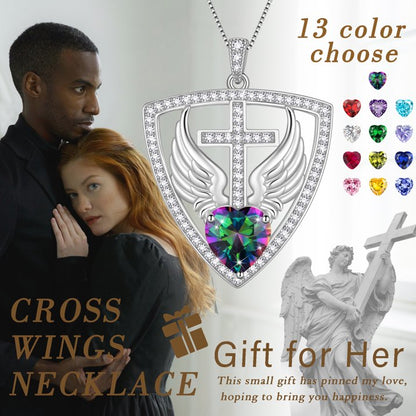 Beautlace 925 Sterling Silver Cross Shield Necklace with Wings and Heart December Tanzanite Birthstone Pendant Necklace Faith and Guardian Jewelry Birthday Christmas Valentines Gifts for Women Mom