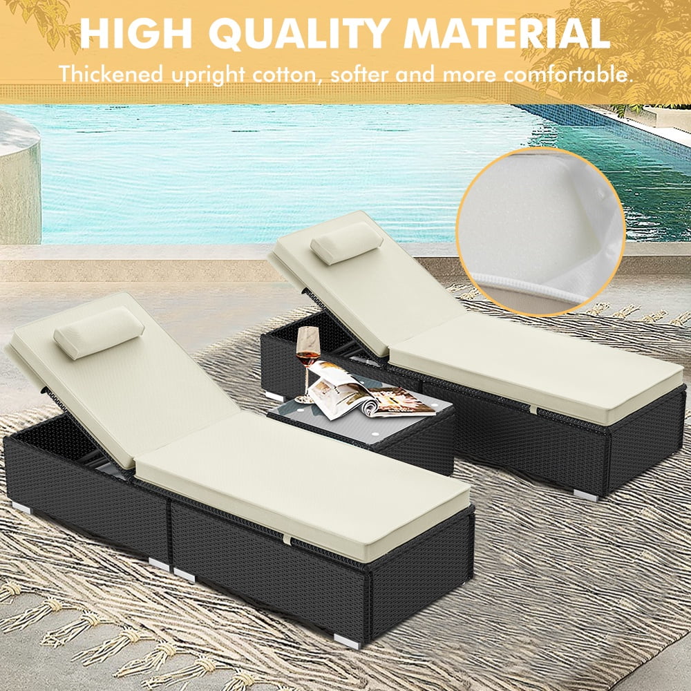 Outdoor Chaise Lounge with Cushions, Seizeen Patio Lounge Chairs Set of 2, All-Weather Rattan Sun Lounger 6 Angles Adjustable, Pool Chair Set with Coffee for Deck Porch Backyard, Beige