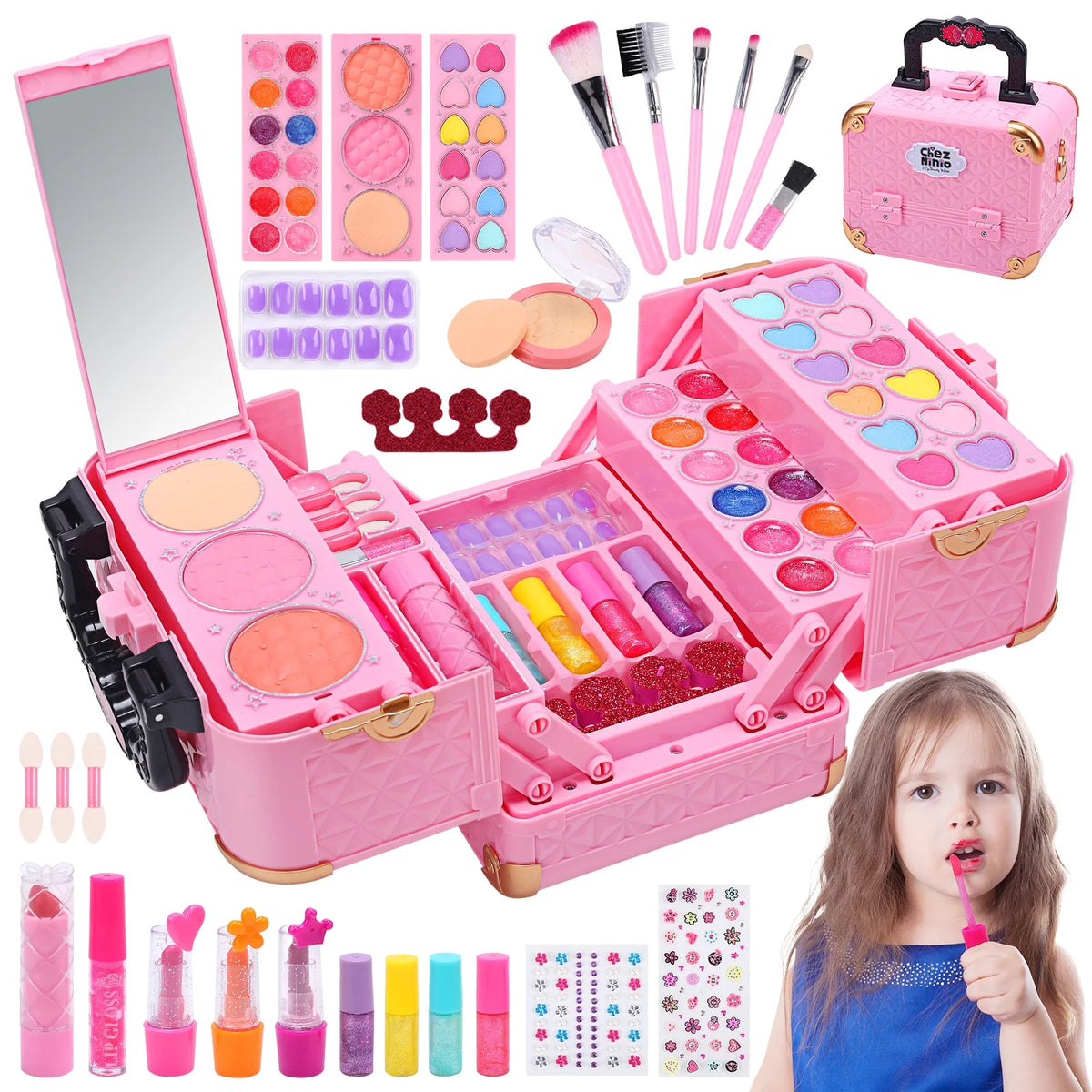 JoyStone 62Pcs Kids Washable Makeup Kit Makeup Kit, Pretend Beauty Vanity Set with Cosmetic Case Birthday Toys for Girls 3-12 Year Old Kids Toddlers