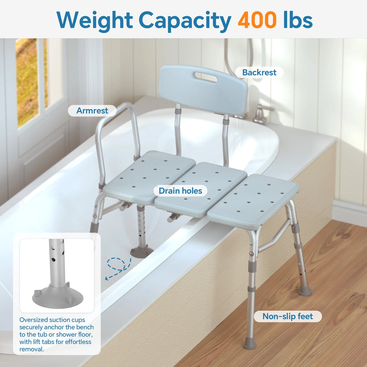 ZOTO Tub Transfer Bench For Bathtub, Height Adjustable Shower Bench with Backrest, Shower Seat Shower Chair Bath Chair for Elderly, Seniors, Arm Support for Transfer, 400 Weight Cap,VBC4