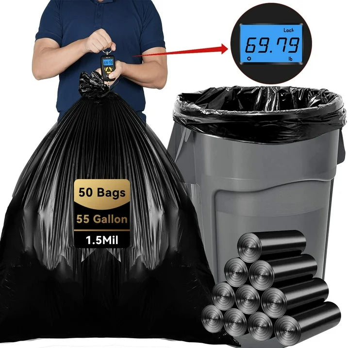 55 Gallon Trash Bags (50 Count)1.5 Mil,Heavy Duty Outdoor Garbage Bags for Office, Waste, and Storage Use