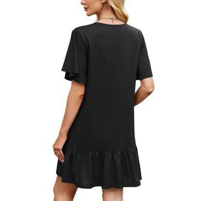 SHIBEVER Women Summer Dresses Casual Ruffle Hem Smock Mini Dress Comfy Short Sleeve Loose Fit Solid Color Shirt Dress