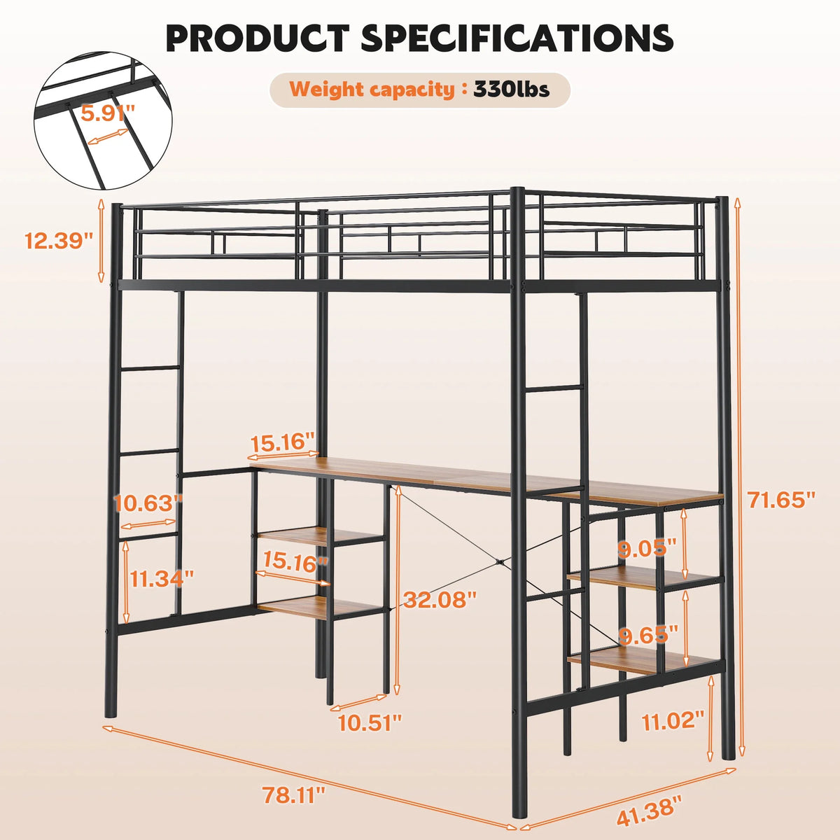 UHOMEPRO Twin Loft Bed with Desk, Metal Frame, 4 Storage Shelves, Ladders and Safety Rails, Black