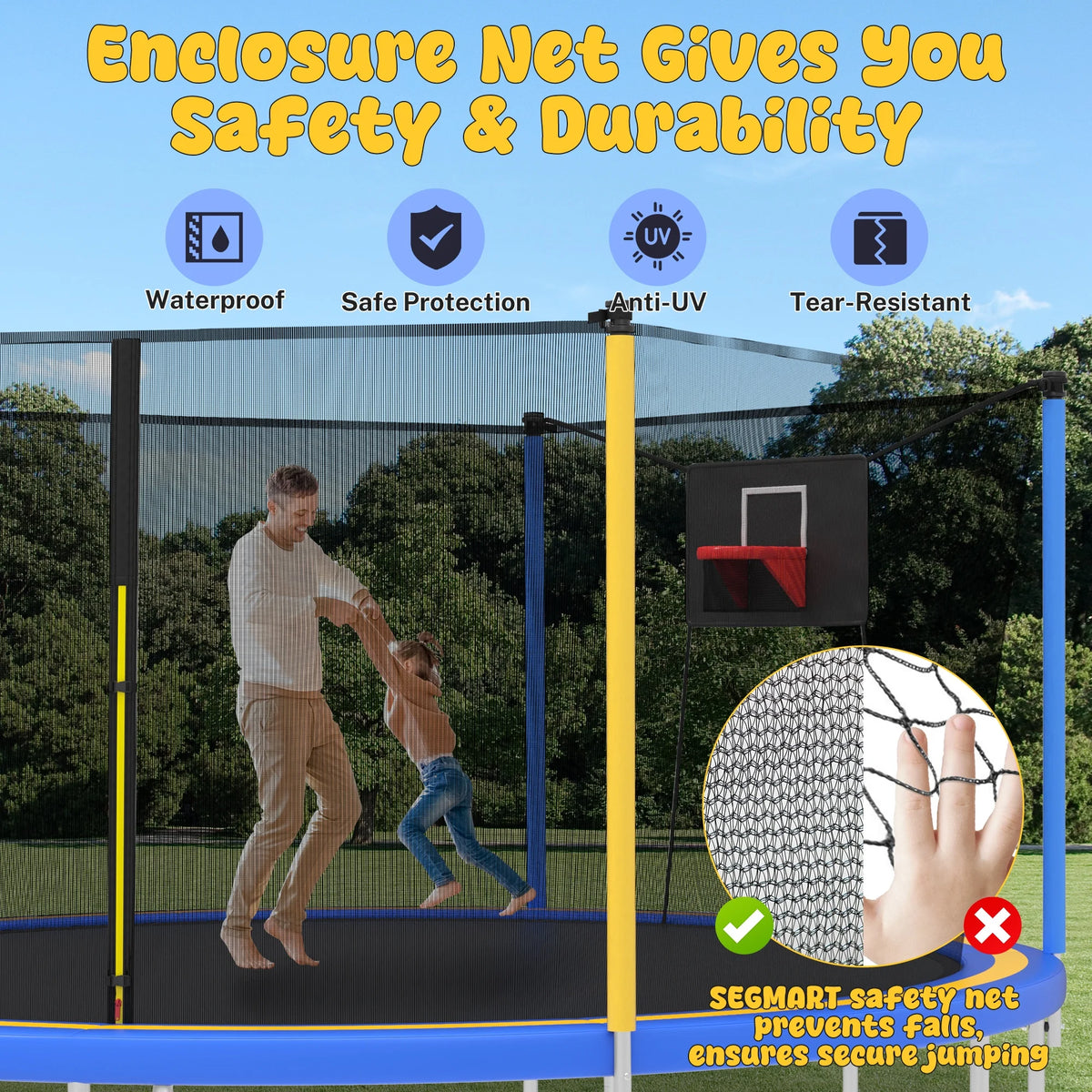 Trampoline with Enclosure, SEGMART Upgraded 14FT Kids Outdoor Trampoline with Basketball Hoop and Ladder, Heavy Duty Round Trampoline for Indoor Outdoor Backyard