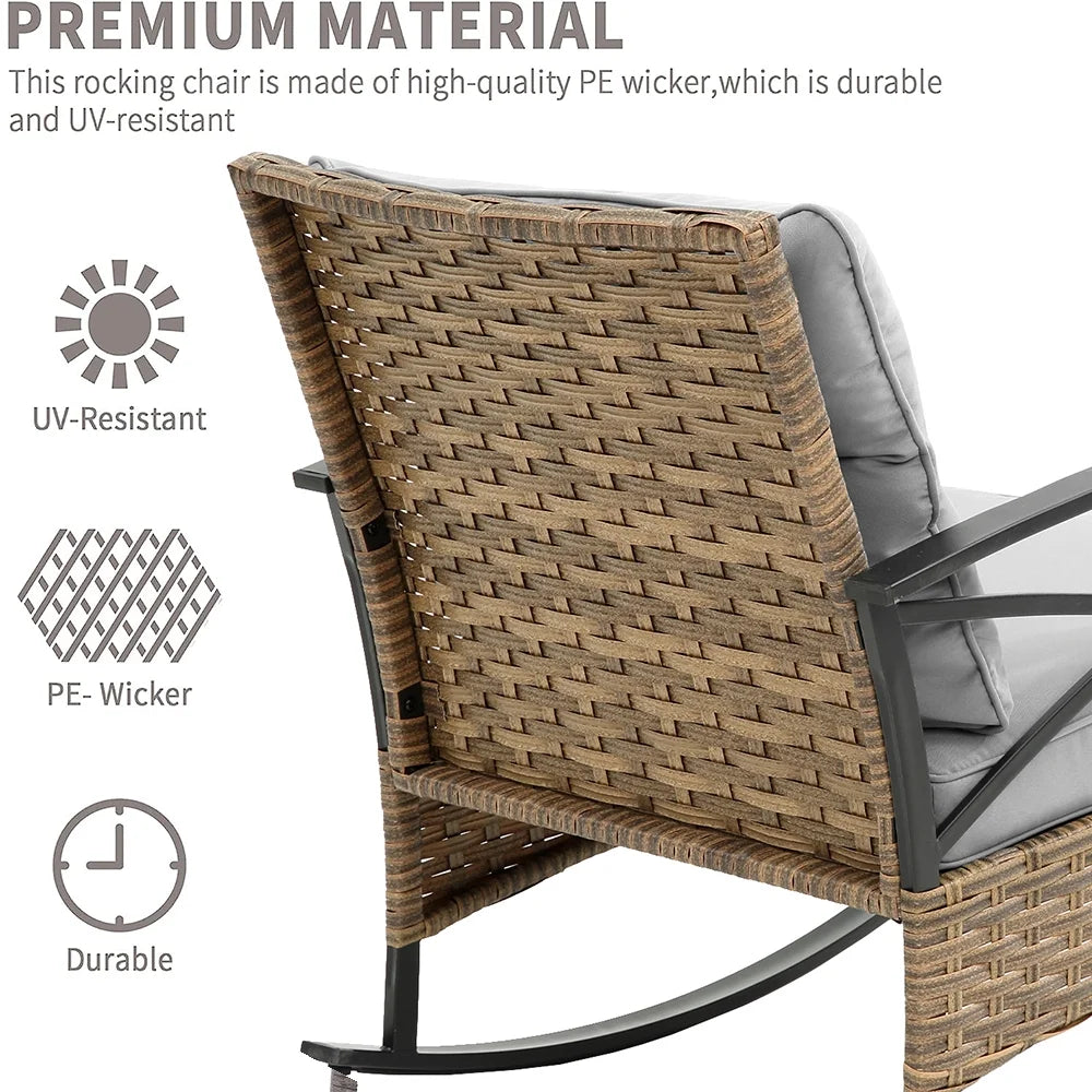 SEGMART 3 PCS Patio Swivel Rocker Set, PE Rattan Swivel Bistro Table Set, Outdoor Conversation Set with Glass Tabletop and Cushions for Balcony Patio Deck Poolside