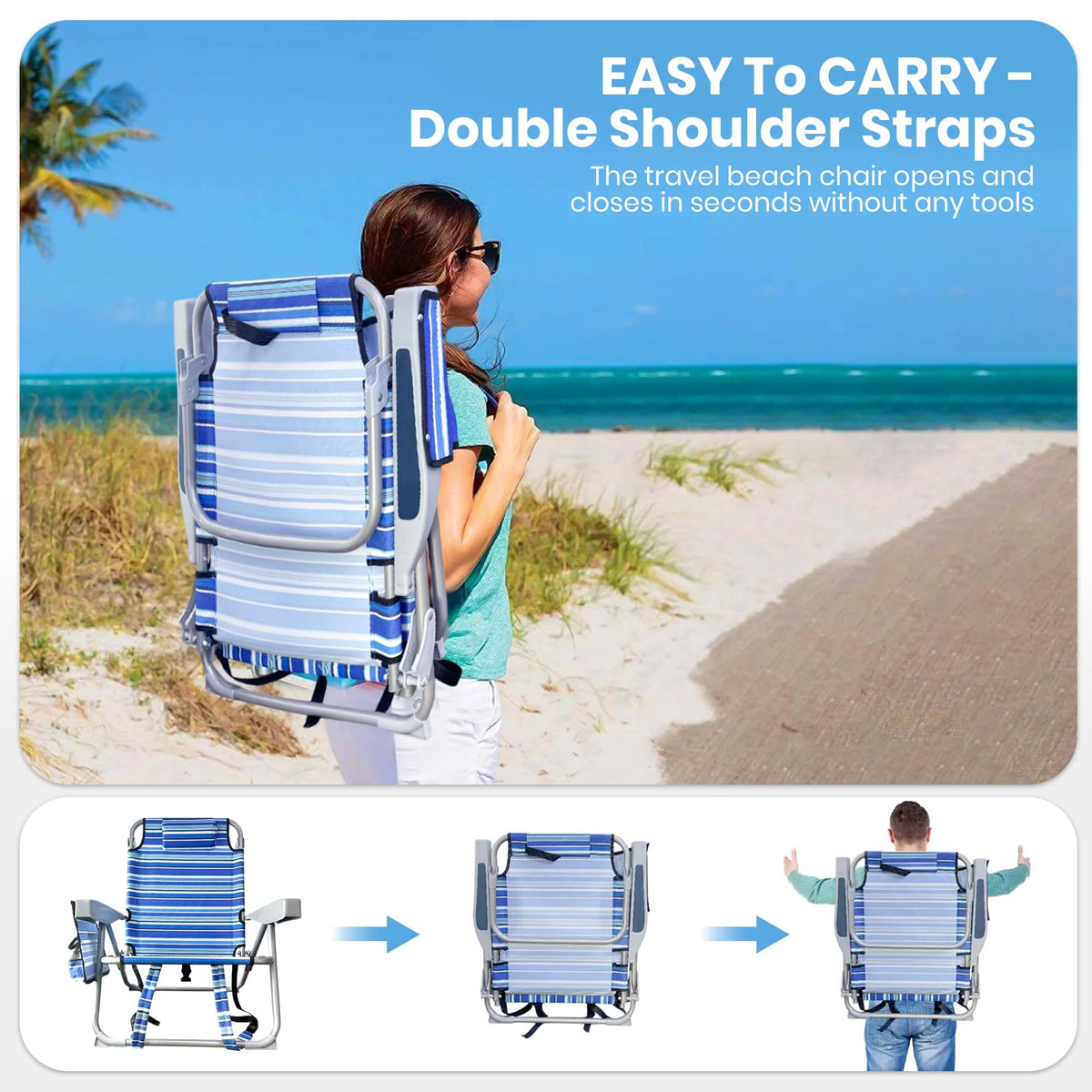 GVDV Backpack Beach Chair for Adults, Portable Folding Beach Chair with Storage Pouch and Pillow, Reclining Chair for Beach, Camp, Outdoor