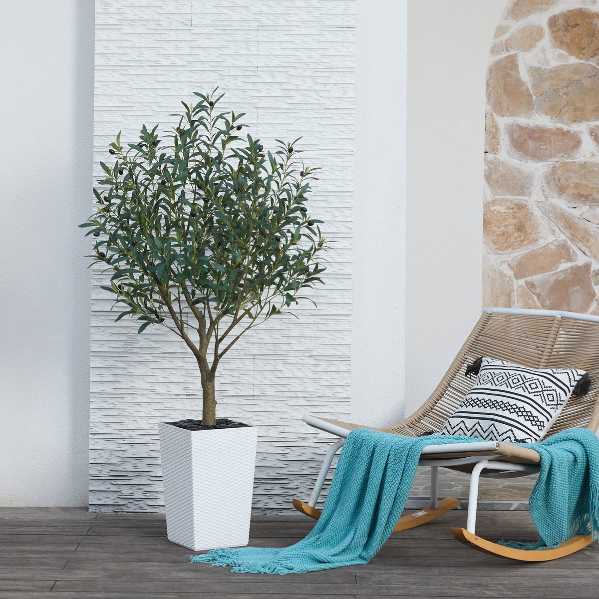 DR.Planzen UV Resistant 5ft Artificial Olive Tree in White Large Planter with Pebbles– Faux Olive Tree for Indoor and Outdoor Decor, Lifelike Greenery for Home  Garden Decor