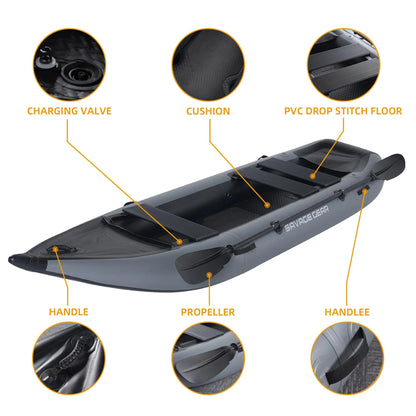 2 Person Inflatable Kayak, Fishing PVC Kayak Boat, Inflatable Boat Rescue Rubber Rowing Boat with Pump, Aluminum Alloy Seat, Paddle, Inflatable Mat, Repair Kit, Fin 440lb Weight Capacity