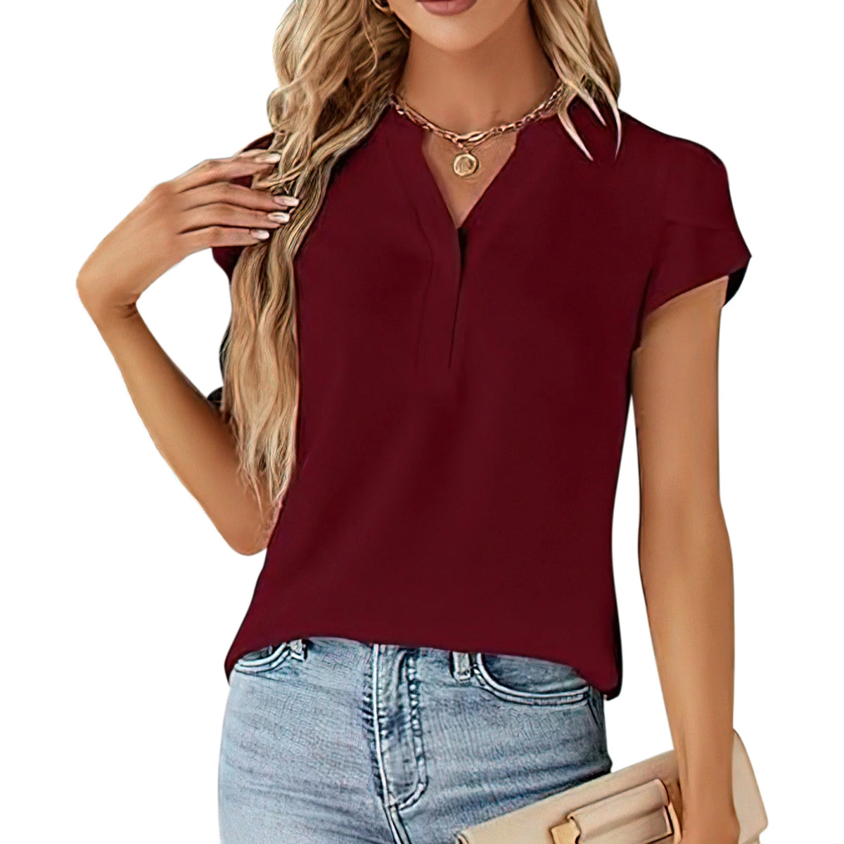 VDJ Womens Blouses Short Sleeve Button V Neck Business Casual Going Out Tops Trendy Red T Shirts Size L