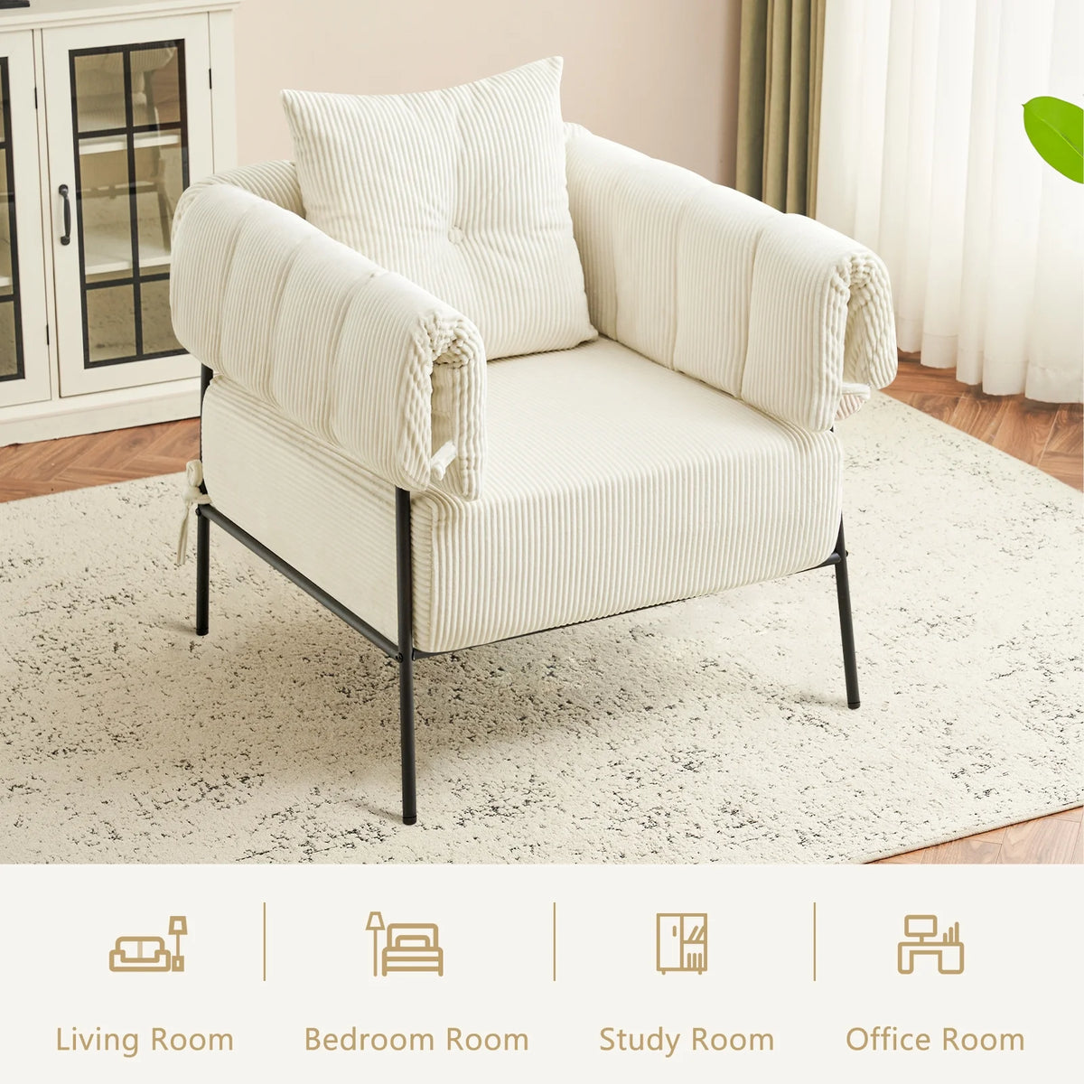 Furniliving Upholstered Accent Chair, Oversized Barrel Armchair with Thicker Seat Cushion and Pillow, Club Chair for Living Room Bedroom Makeup Room, Beige
