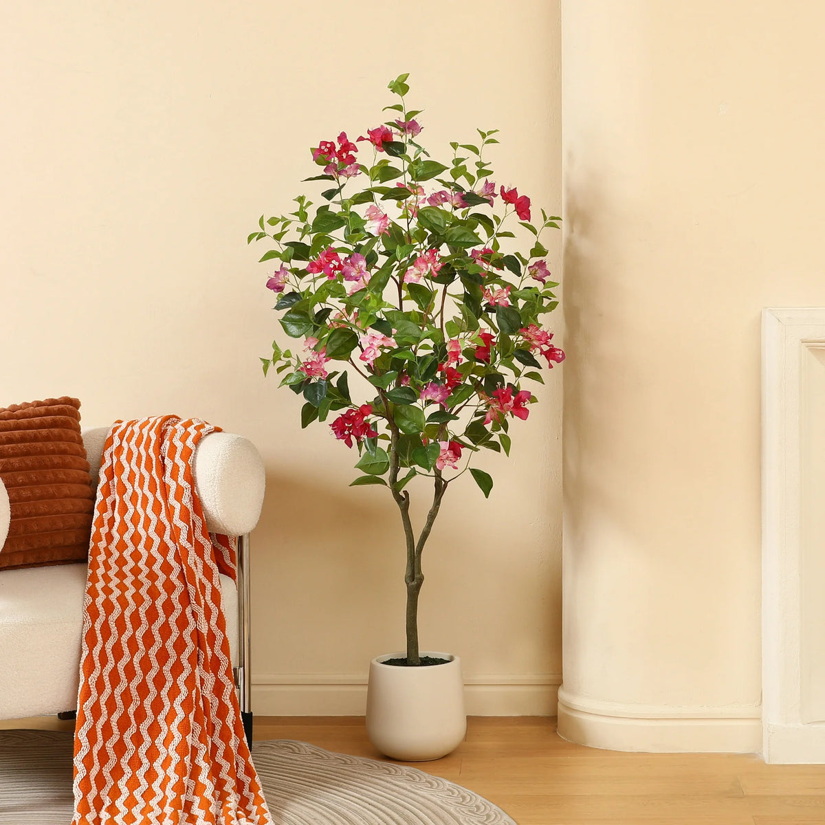 5ft Artificial Bougainvillea Tree with 9 inch White Planter, Tall Fake Bougainvillea Trees with Red Flowers, Faux Bougainvillea Silk Plants for Indoor, Plants for Home Decor