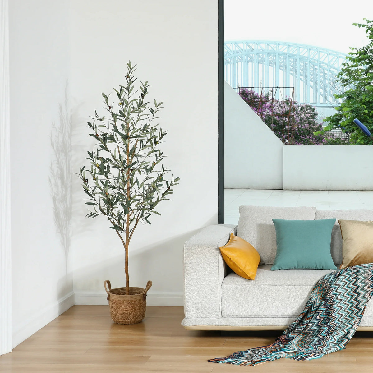6 ft Artificial Olive Plants with Realistic Leaves and Natural Trunk, Silk Fake Potted Tree with Wood Branches and Fruits, Faux Olive Tree for Office Home Decor