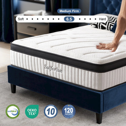 Queen Size Mattress, 14 Inch Bamboo Foam Mattress in a Box with 7 Premium Layers, Medium Firm Gel Hybrid Mattress with Pressure Relief and Support for Cool Night, CertiPUR-US Certified