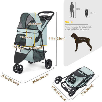 Dog Stroller, Wedyvko 3 Wheels Foldable Pet Strollers with Storage Basket and Cup Holder for Small and Medium Cats, Dogs, Puppies (Blue-green)