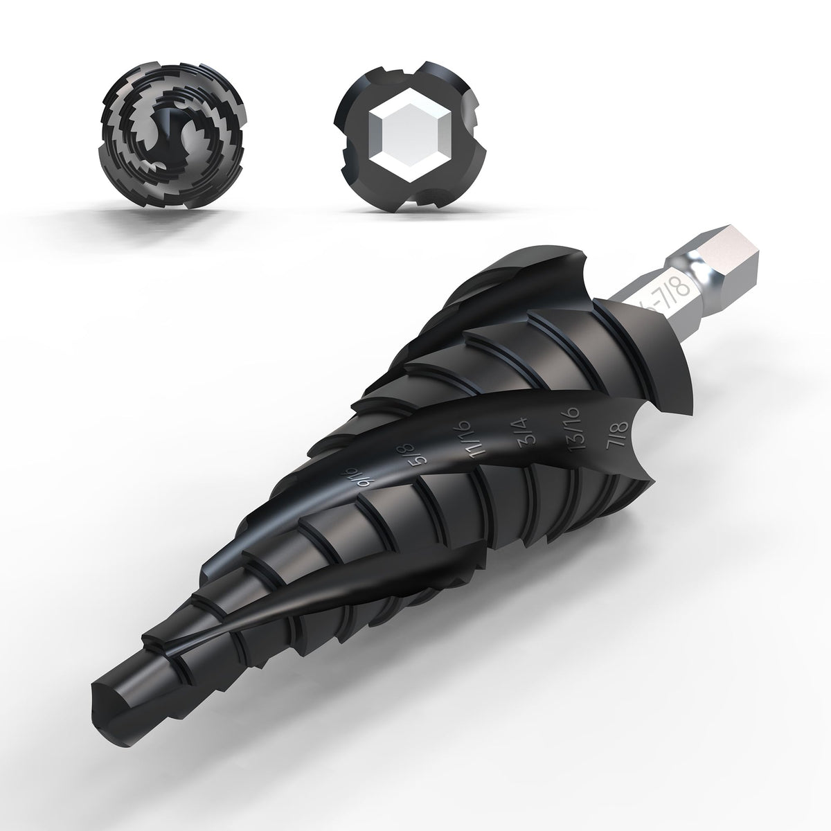Four Spiral Flute Step Drill Bit, 3/16 - 7/8(12 Sizes) 1/4 Hex Shank Cobalt Step Drill Bit Fully Coated with TiAlN for Metal, Stainless Steel, Aluminum, Plastic