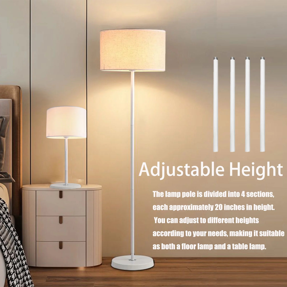 Susuzi 60 inch White Floor Lamp for Bedroom Living Room, Traditional Dimmable Standing Lamps - Bulb Included