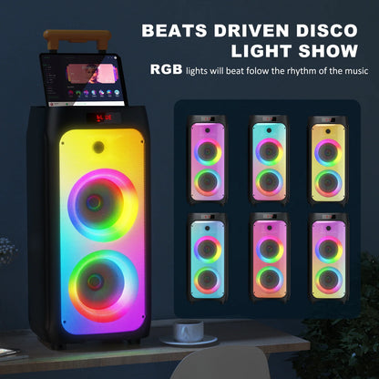 FanFun Large Karaoke Machine for Adult, Home Karaoke System with DJ Light, Karaoke Speaker with Wheels & Trolley Bar, Big Bluetooth Speaker with 2 Microphones for Outdoor Party, Deep Bass PA System