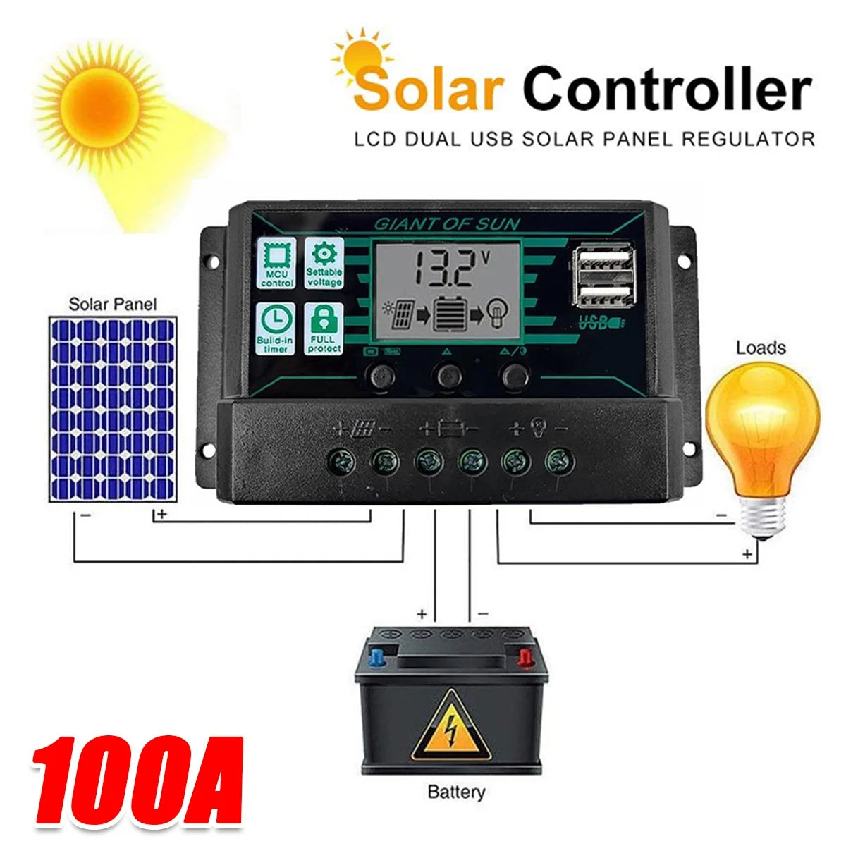 BSHAPPLUS 100A PMW Solar Panel Regulator Charge Controller Auto Focus Tracking 12V/24V