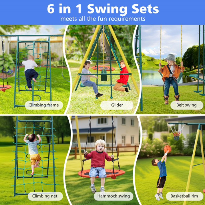 6in1 Swing Set for Outside, Heavy Duty A Frame Metal Swing Set with Glider, Basketball Hoop, Climbing Frame, Climbing Net, Hammock Swing and Belt Swing, Backyard Playground Set for Kids Age 3 12