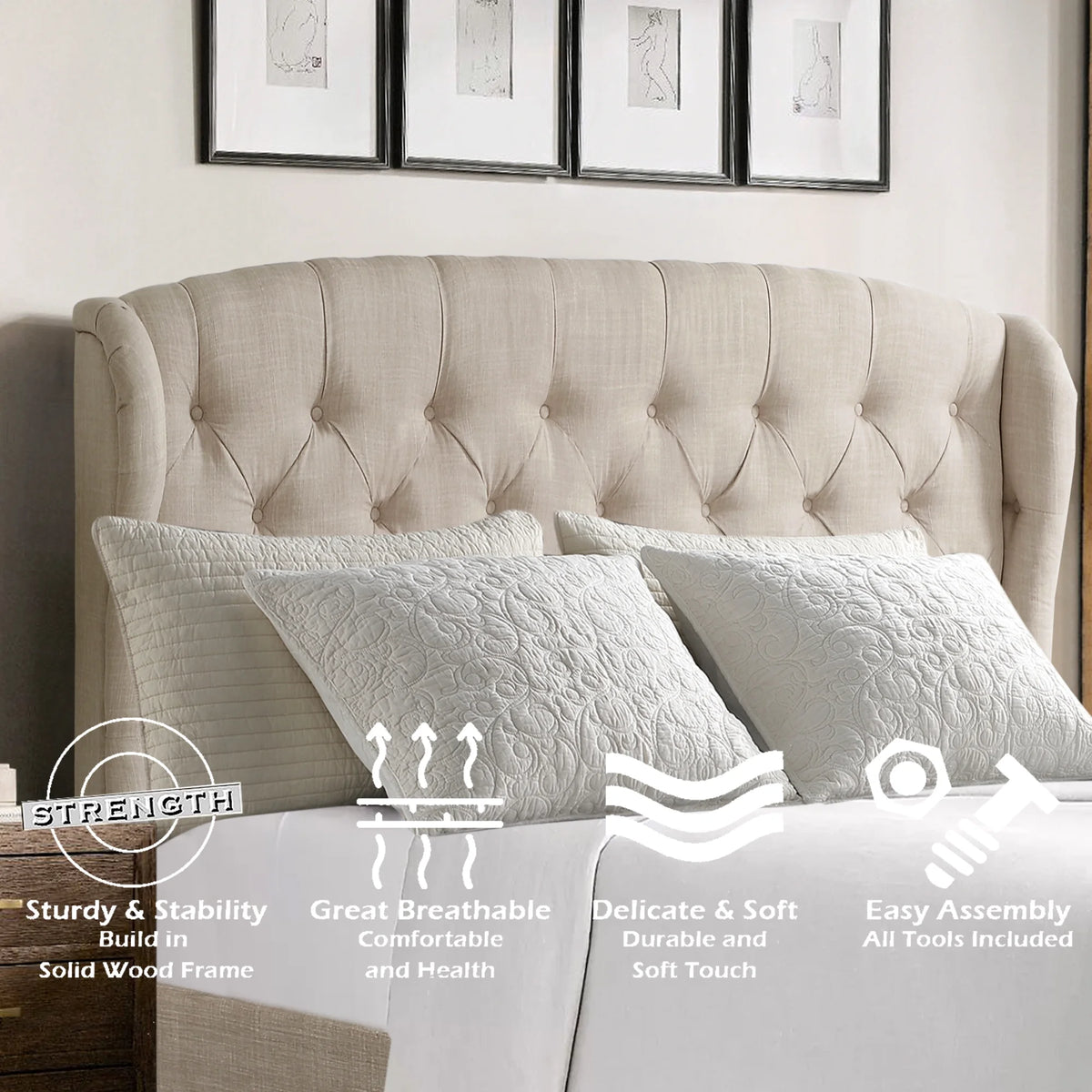 Queen Size Classical Bed Frame with Adjustable Button Tufted Headboard, Fabric Upholstered Platform Bed Frame for Bedroom, Strong Wooden Slat Support, Easy Assembly, Beige