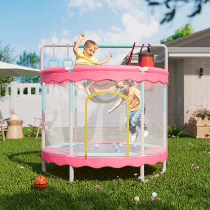 Kidsbuddy Trampoline for Kids, 60'' Toddler Mini Trampoline with Enclosure Net, Indoor Outdoor 5FT Kids Trampoline with Swing Basketball Hoop, Gifts for Boys Girls, 440LB, Pink