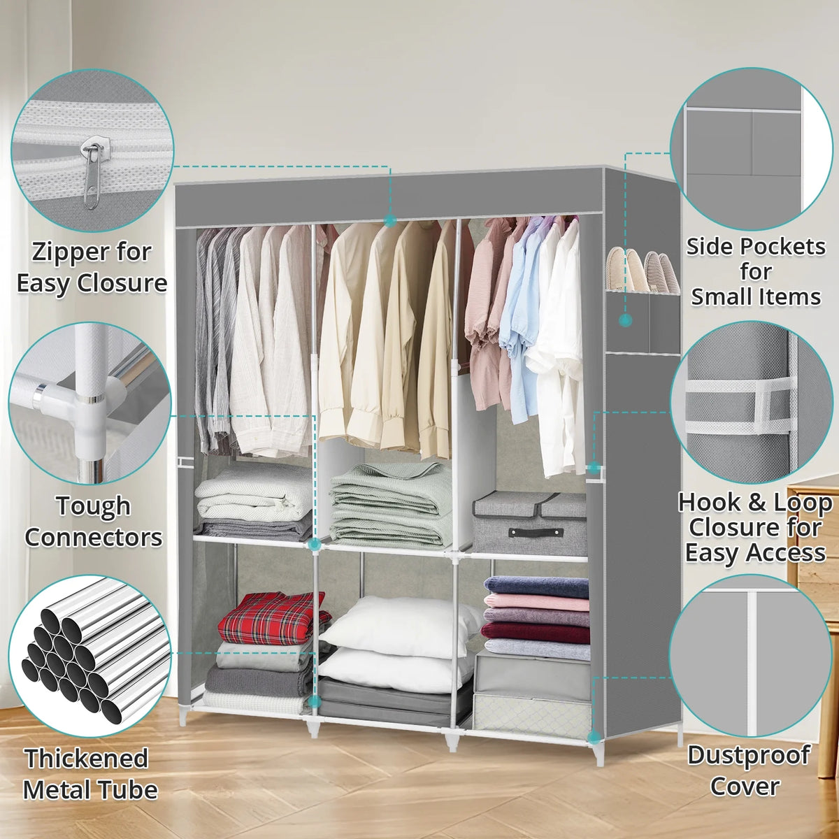 HONEIER Portable Closet Storage Organizer Clothes Wardrobe Shoe Clothing Rack Shelf Dustproof Non woven Fabric, Quick and Easy to Assemble