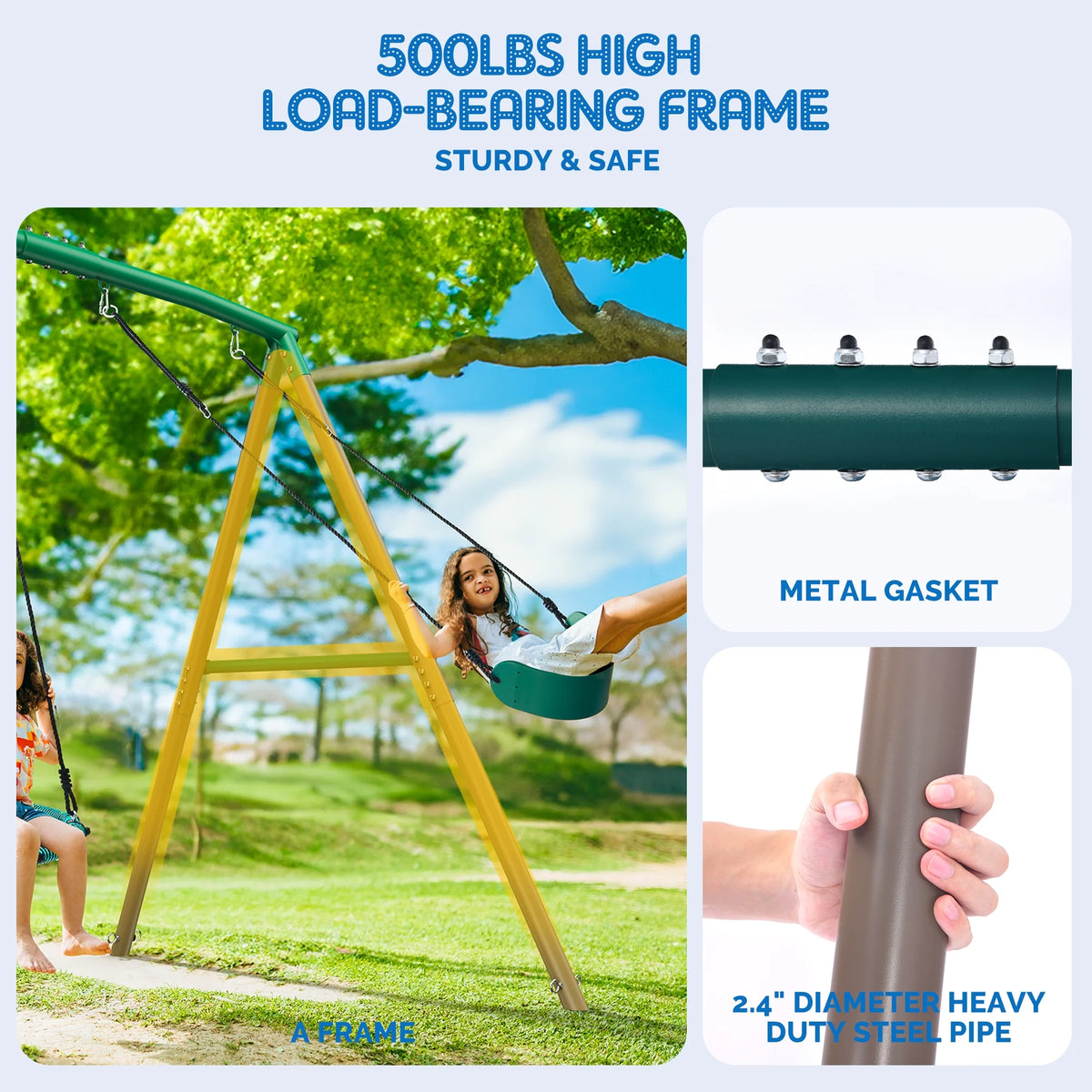 KloKick 7.5ft Heavy Duty Swing Set for Backyard, 500lbs Capacity Outdoor Metal Swing Set for Kids  Adults with Spider Swing and Belt Swing (Green)