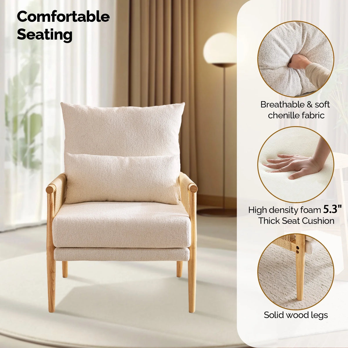 Zimtown Modern Accent Chair, Upholstered Armchair with Wooden Frame & Chenille Fabric, Comfy Lounge Chair for Living Room, Bedroom, Cream White