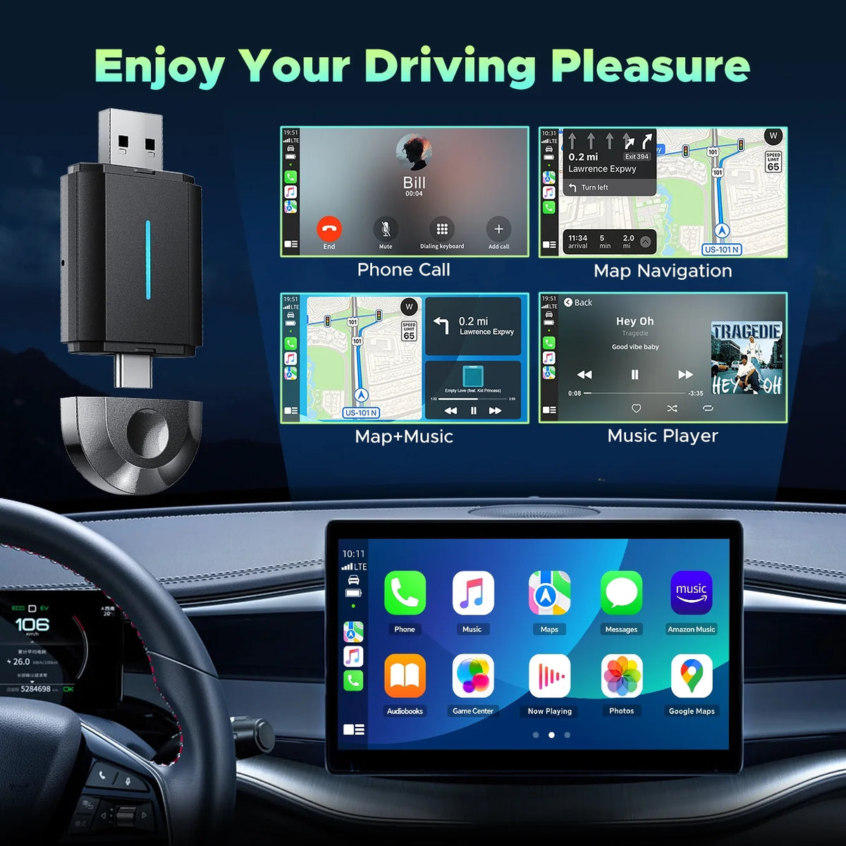 Toguard 2 in 1 Wireless Carplay Adapter for Apple Carplay & Android Auto, Adapter for Converts Wired to for Cars, 5.8GHz WiFi, Plug & Play, iOS 10+ & Android 12+, Bluetooth, Black