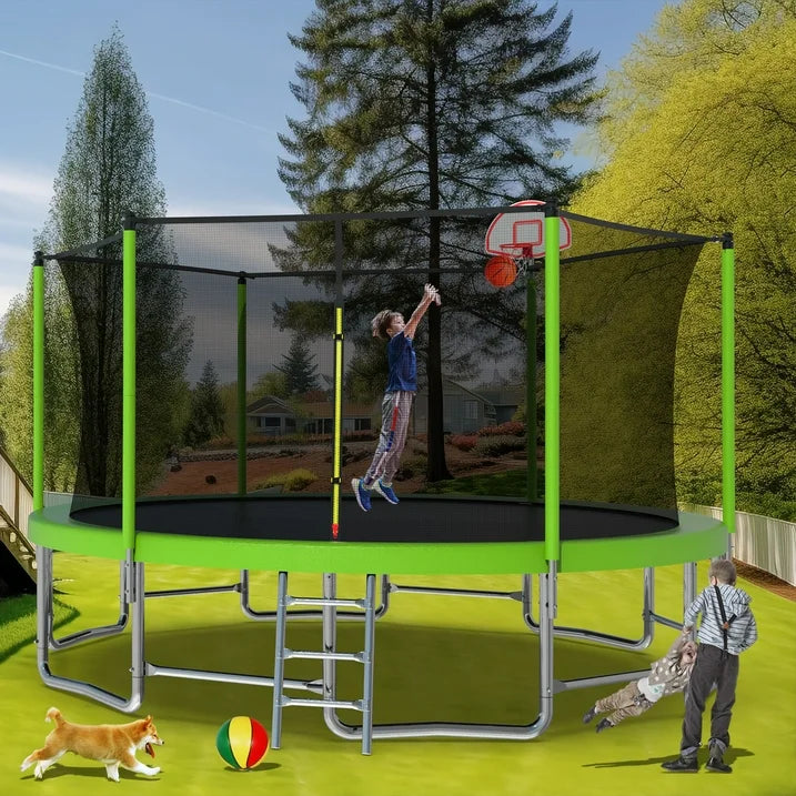 16FT Outdoor Trampoline with Safety Enclosure Net, SHINPT Heavy-Duty 1320lbs Capacity Backyard Trampoline, Recreational Green Trampoline with Basketball Hoop, Ideal for Children and Aldult
