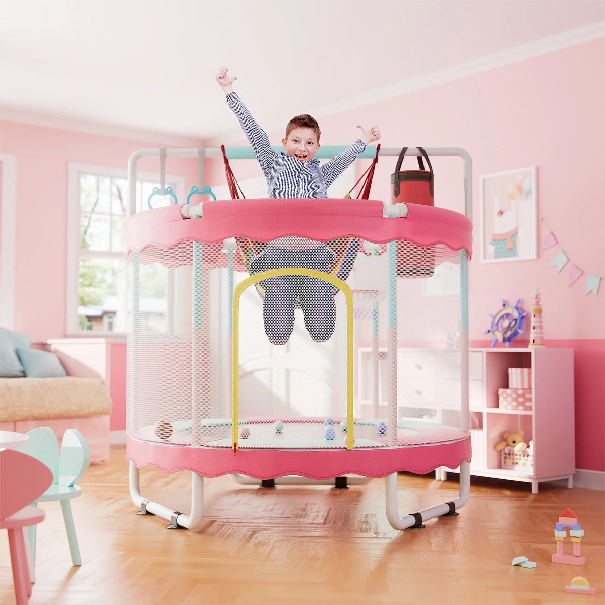 Kidsbuddy Trampoline for Kids, 60'' Toddler Mini Trampoline with Enclosure Net, Indoor Outdoor 5FT Kids Trampoline with Swing Basketball Hoop, Gifts for Boys Girls, 440LB, Pink